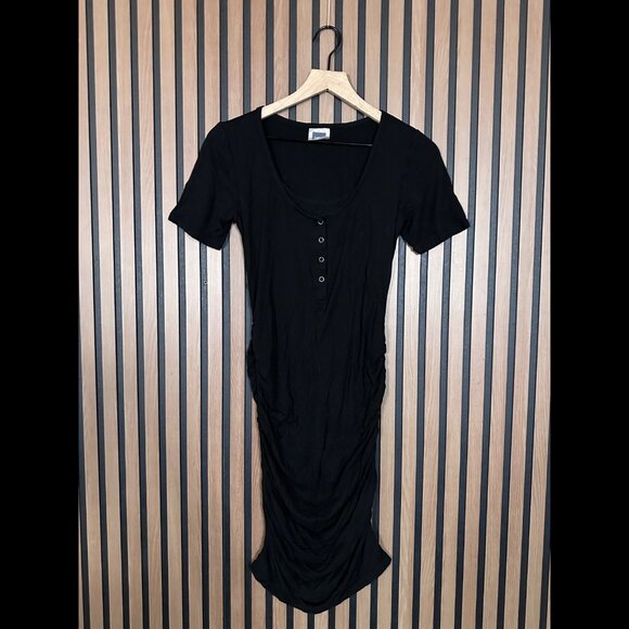 Nom Rouched Mini Dress Medium Womens Black Henley Short Sleeve Fabric Stretch - Picture 1 of 7